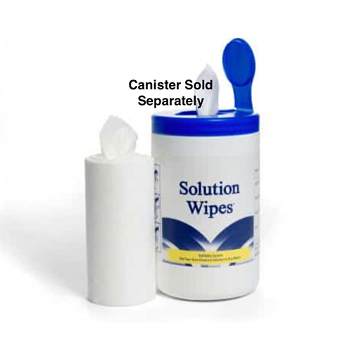 A container of solution wipes with the lid off.