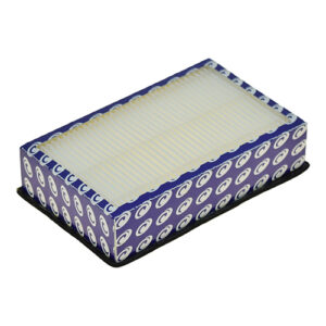 A rectangular box with blue and white pattern on it.