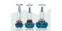 Three different views of a floor scrubber.