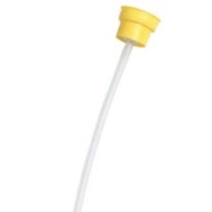 A yellow and white straw is sitting on top of the floor.