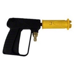 A black gun with a yellow handle and a spray nozzle.