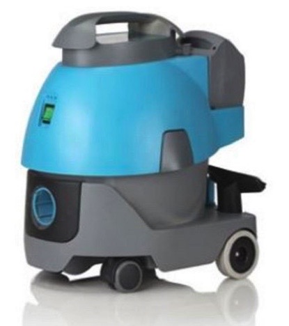 A blue and gray vacuum cleaner on top of a floor.