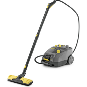 A steam cleaner is shown with the handle down.