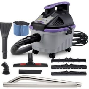 A car vacuum cleaner with accessories and cleaning tools.