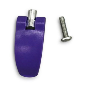 A purple plastic clip with a metal screw.