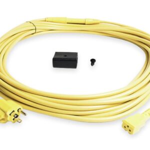 A yellow extension cord with plugs and an outlet.